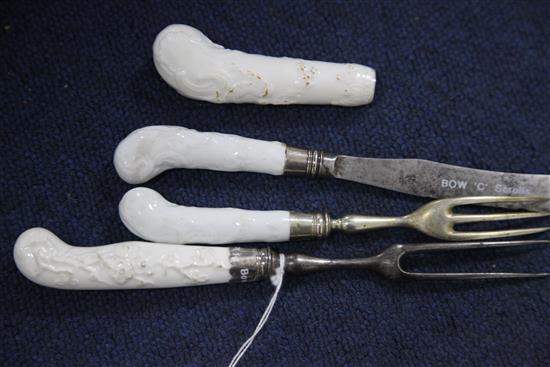 Four Bow white glazed white porcelain handled knives and forks, c.1755-60 9.5 - 22cm